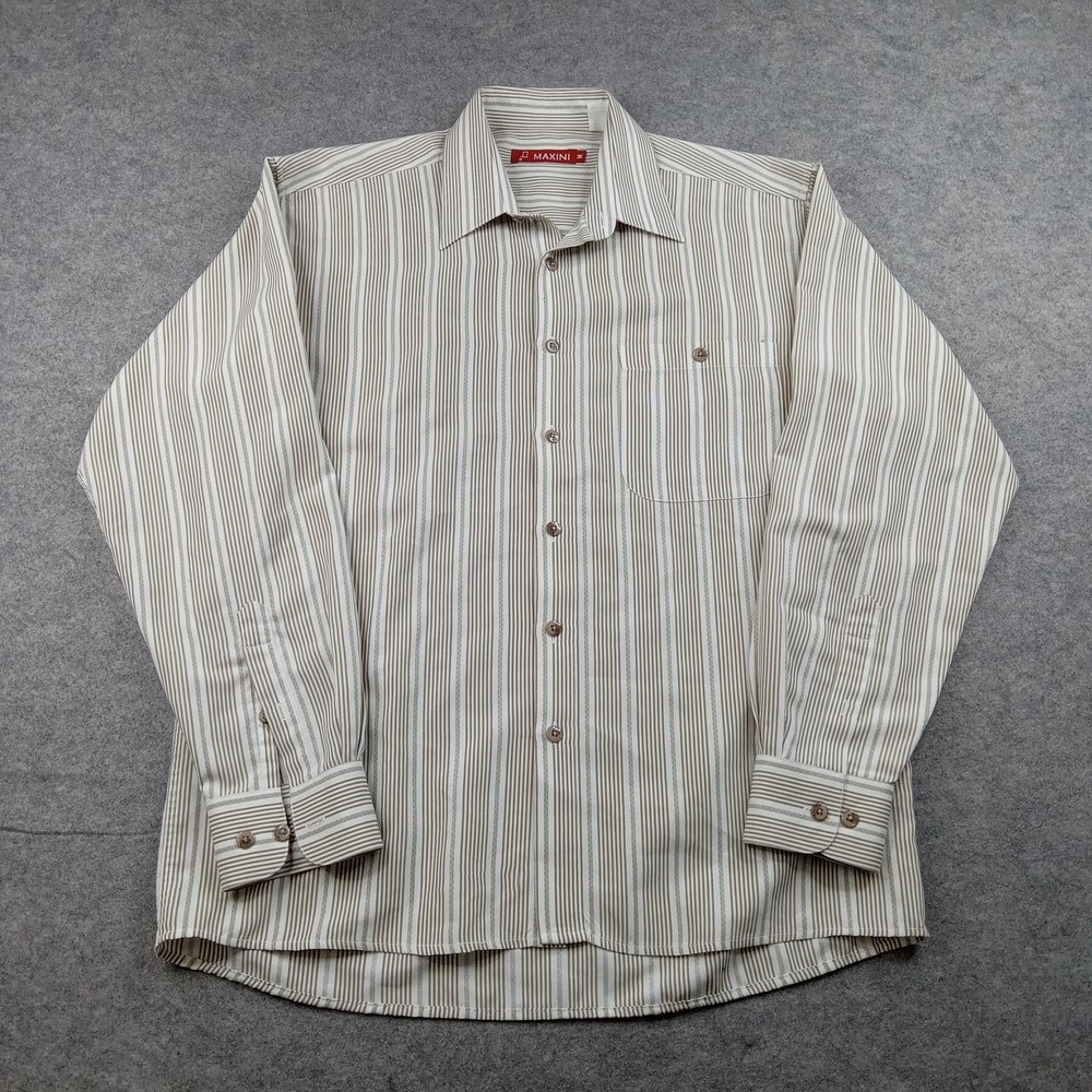 Maxini Dress Shirt Mens Medium‎ Beige Stripe Polyester Long Sleeve Button Front